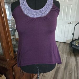 Agenda Purple Tank Top with Lace Neckline
